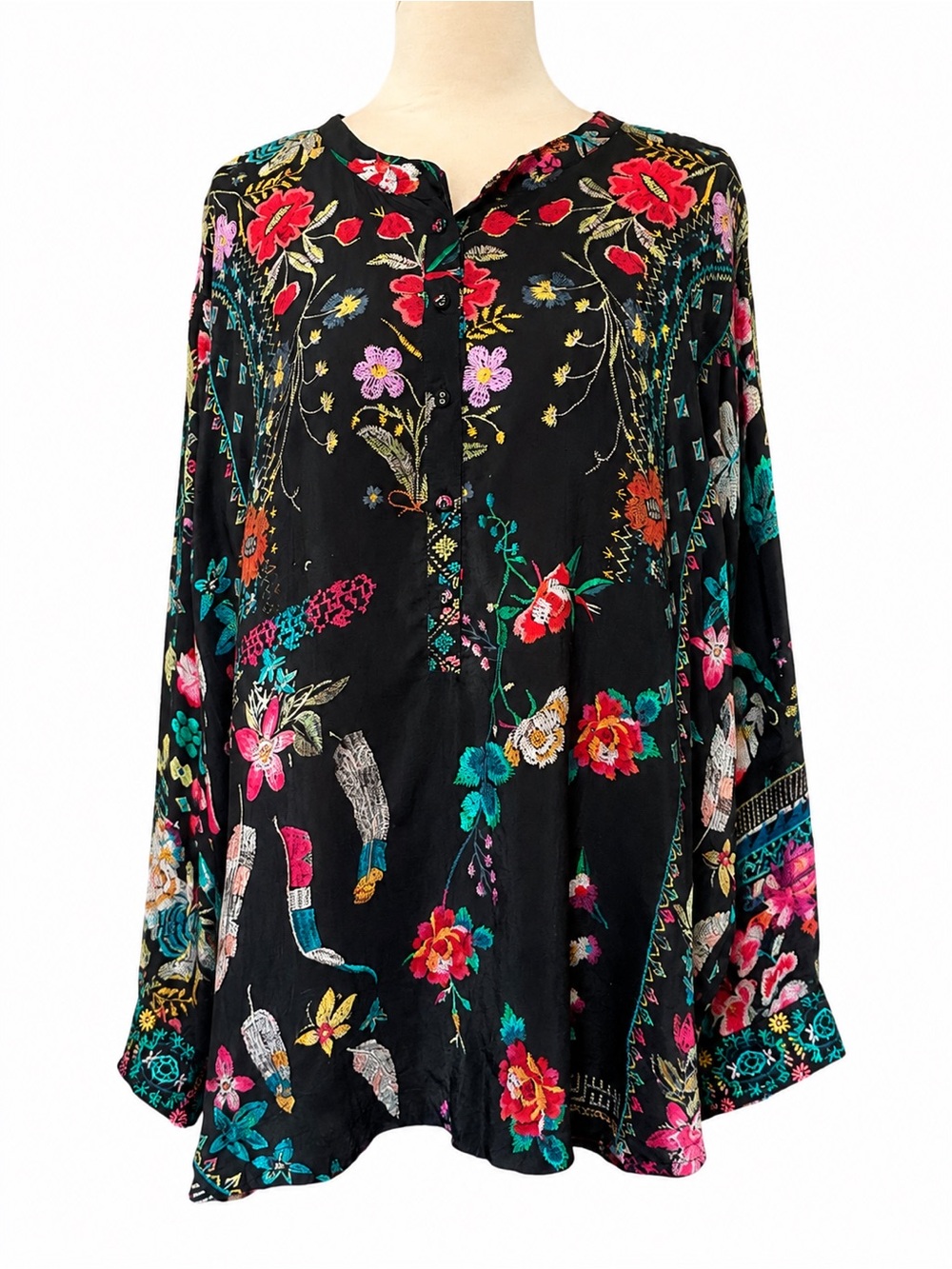Johnny Was Black Floral Cupra Rayon Tunic Blouse Embroidered Cuffs
